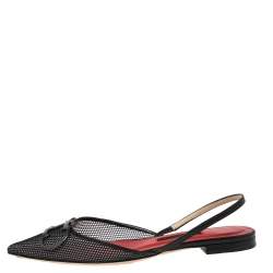Pre Owned Carolina Herrera Black Fishnet And Mesh Logo Pointed Toe Slingback Flats Size 37