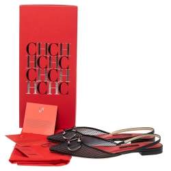 Pre Owned Carolina Herrera Black Fishnet And Mesh Logo Pointed Toe Slingback Flats Size 37