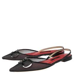 Pre Owned Carolina Herrera Black Fishnet And Mesh Logo Pointed Toe Slingback Flats Size 37