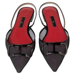 Pre Owned Carolina Herrera Black Fishnet And Mesh Logo Pointed Toe Slingback Flats Size 37