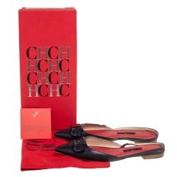 Pre Owned Carolina Herrera Dark Blue Leather Logo Flat Slingback Flat Size 38