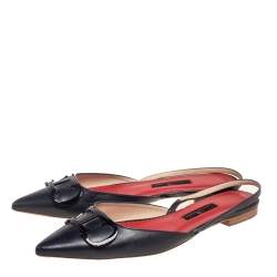 Pre Owned Carolina Herrera Dark Blue Leather Logo Flat Slingback Flat Size 38