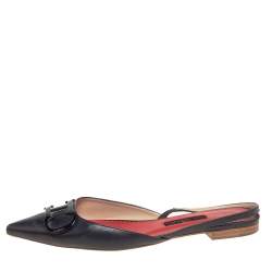 Pre Owned Carolina Herrera Dark Blue Leather Logo Flat Slingback Flat Size 38