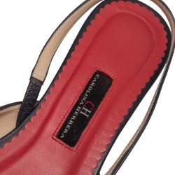 Pre Owned Carolina Herrera Dark Blue Leather Logo Flat Slingback Flat Size 38