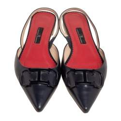 Pre Owned Carolina Herrera Dark Blue Leather Logo Flat Slingback Flat Size 38