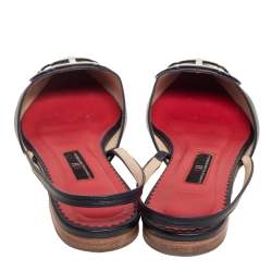 Pre Owned Carolina Herrera Dark Blue Leather Logo Flat Slingback Flat Size 38