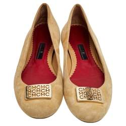 Pre Owned CH Carolina Herrera Tan Suede Logo Ballet Flats Size 39
