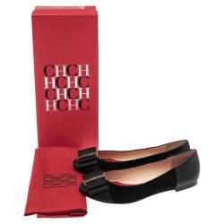 Pre Owned Carolina Herrera Black Suede And Leather Bow Ballet Flats Size 37