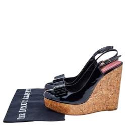 مملوكة مسبقًا CH Carolina Herrera Black Patent Leather Cork Wedge Platform Slingback Sandals Size 38