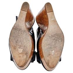 مملوكة مسبقًا CH Carolina Herrera Black Patent Leather Cork Wedge Platform Slingback Sandals Size 38