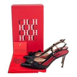 Pre Owned Carolina Herrera Black Leather Bow Detail Pointed-Toe Slingback Sandals Size 40