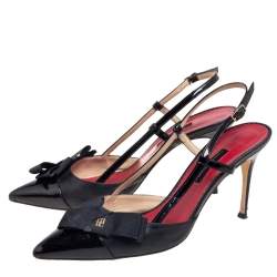 Pre Owned Carolina Herrera Black Leather Bow Detail Pointed-Toe Slingback Sandals Size 40