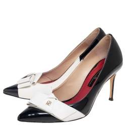 Pre Owned CH Carolina Herrera Black/White Patent And Leather Bow Pumps Size 37
