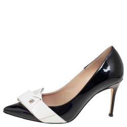 Pre Owned CH Carolina Herrera Black/White Patent And Leather Bow Pumps Size 37