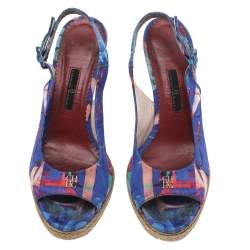 CH Carolina Herrera Blue Printed Fabric Cork Wedge Peep Toe Slingback Sandals Size 39