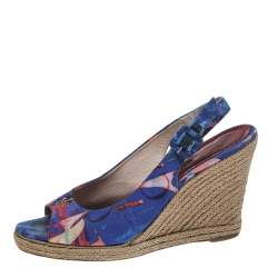 CH Carolina Herrera Blue Printed Fabric Cork Wedge Peep Toe Slingback Sandals Size 39