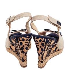 Carolina Herrera Beige Canvas Cork Wedge Platform Slingback Sandals Size 38