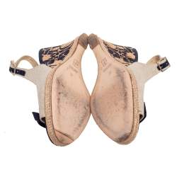 Carolina Herrera Beige Canvas Cork Wedge Platform Slingback Sandals Size 38