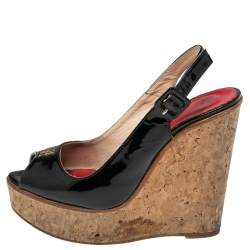CH Carolina Herrera Black Patent Leather Peep-Toe Cork Wedge Platform Slingback Sandals Size 37