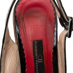 CH Carolina Herrera Black Patent Leather Peep-Toe Cork Wedge Platform Slingback Sandals Size 37