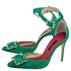 Pre Owned Carolina Herrera Green Lace And Satin Crystal Embellished Ankle Strap  Pumps Size 36