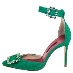 Pre Owned Carolina Herrera Green Lace And Satin Crystal Embellished Ankle Strap  Pumps Size 36