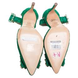 Pre Owned Carolina Herrera Green Lace And Satin Crystal Embellished Ankle Strap  Pumps Size 36