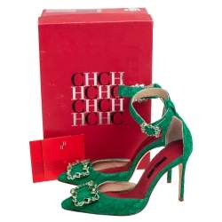 Pre Owned Carolina Herrera Green Lace And Satin Crystal Embellished Ankle Strap  Pumps Size 36