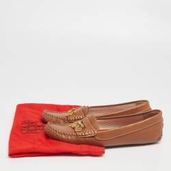 Pre Owned CH Carolina Herrera Brown Leather Logo Charm Detail Loafers Size 40