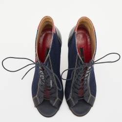 Pre Owned CH Carolina Herrera Navy Blue/Black Canvas And Leather Lace Up Booties Size 37