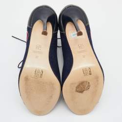 Pre Owned CH Carolina Herrera Navy Blue/Black Canvas And Leather Lace Up Booties Size 37
