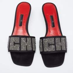 مملوكة مسبقًا CH Carolina Herrera Black Satin Embellished Glitter Slide Sandals Size 38