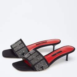 مملوكة مسبقًا CH Carolina Herrera Black Satin Embellished Glitter Slide Sandals Size 38
