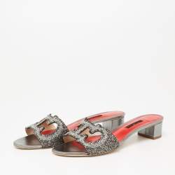 Pre Owned Carolina Herrera Silver Glitter Slides Sandals Size 41