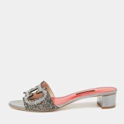 Pre Owned Carolina Herrera Silver Glitter Slides Sandals Size 41