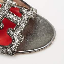 Pre Owned Carolina Herrera Silver Glitter Slides Sandals Size 41