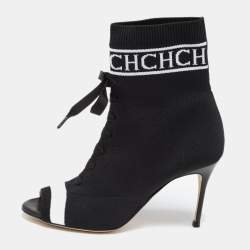 Pre Owned CH Carolina Herrera Black Knit Fabric Peep Toe Ankle Boots Size 36