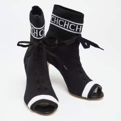 Pre Owned CH Carolina Herrera Black Knit Fabric Peep Toe Ankle Boots Size 36