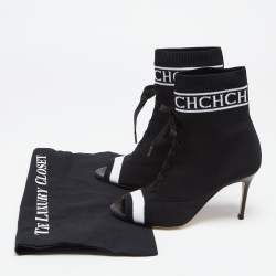 Pre Owned CH Carolina Herrera Black Knit Fabric Peep Toe Ankle Boots Size 36
