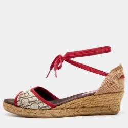 Pre Owned CH Carolina Herrera Multicolor Monogram Canvas And Jute Espadrille Ankle Wrap Sandals Size 39