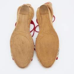 Pre Owned CH Carolina Herrera Multicolor Monogram Canvas And Jute Espadrille Ankle Wrap Sandals Size 39