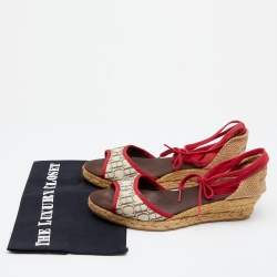 Pre Owned CH Carolina Herrera Multicolor Monogram Canvas And Jute Espadrille Ankle Wrap Sandals Size 39