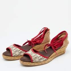 Pre Owned CH Carolina Herrera Multicolor Monogram Canvas And Jute Espadrille Ankle Wrap Sandals Size 39