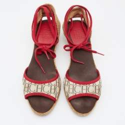 Pre Owned CH Carolina Herrera Multicolor Monogram Canvas And Jute Espadrille Ankle Wrap Sandals Size 39
