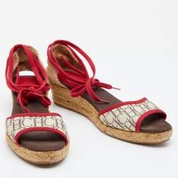 Pre Owned CH Carolina Herrera Multicolor Monogram Canvas And Jute Espadrille Ankle Wrap Sandals Size 39