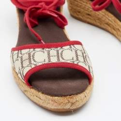Pre Owned CH Carolina Herrera Multicolor Monogram Canvas And Jute Espadrille Ankle Wrap Sandals Size 39
