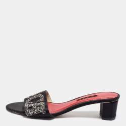 Pre Owned CH Carolina Herrera Black Satin And Glitter Slide Sandals Size 38