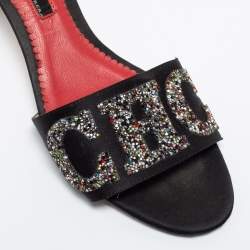 Pre Owned CH Carolina Herrera Black Satin And Glitter Slide Sandals Size 38