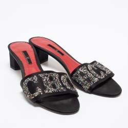 Pre Owned CH Carolina Herrera Black Satin And Glitter Slide Sandals Size 38
