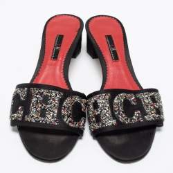 Pre Owned CH Carolina Herrera Black Satin And Glitter Slide Sandals Size 38